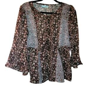Vtg Y2K Sheer Ditsy Floral Flutter Sleeve Baby Doll Top M Maurices Fairy Womens